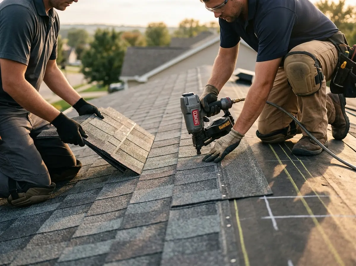 Professional roofer working on a residential roof in Lake Villa